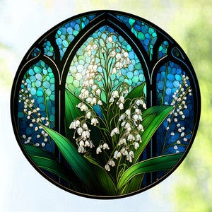 Lily of the Valley WINDOW CLING ~ Faux Stained Glass ~ May Birth Month Flower ~ Suncatcher Size 8"  Thick Glassy Deluxe Vinyl