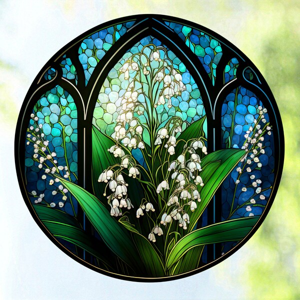 Sticker pour vitres muguet ~ faux vitrail ~ fleur du mois de naissance de mai ~ attrape-soleil en vinyle vitreux de luxe de 20 cm d'épaisseur