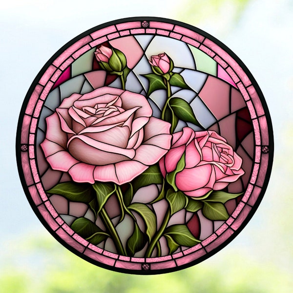 Rose WINDOW CLING ~ Faux Stained Glass ~ June Birth Month Flowers ~ Suncatcher Size 8"  Thick Glassy Deluxe Vinyl