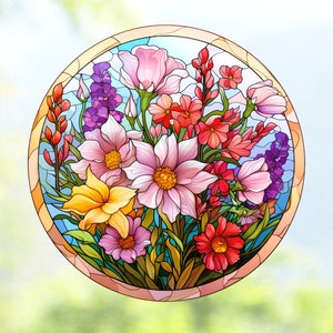 Wildflowers ~ Faux Stained-Glass ~ WINDOW CLING ~ Pink Flowers ~ Size 8" Round ~  Thick Glassy Deluxe Vinyl