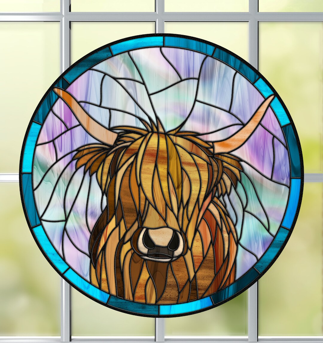 Highland Cow WINDOW CLING Faux Stained Glass Suncatcher Size 8 Round or