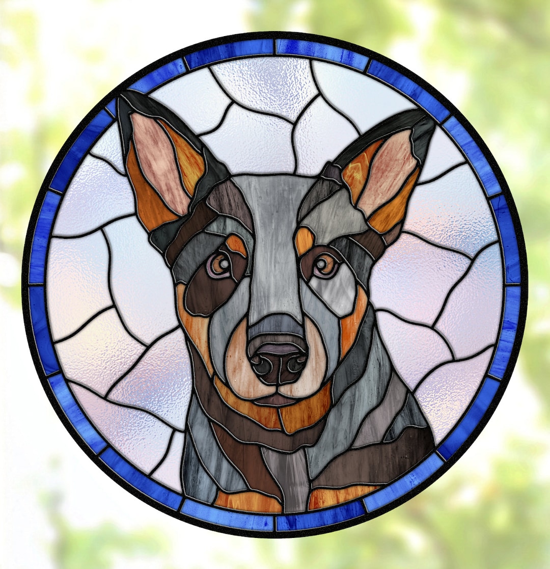 Blue Heeler Faux Stained Glass Dog WINDOW CLING Suncatcher Size 8 With