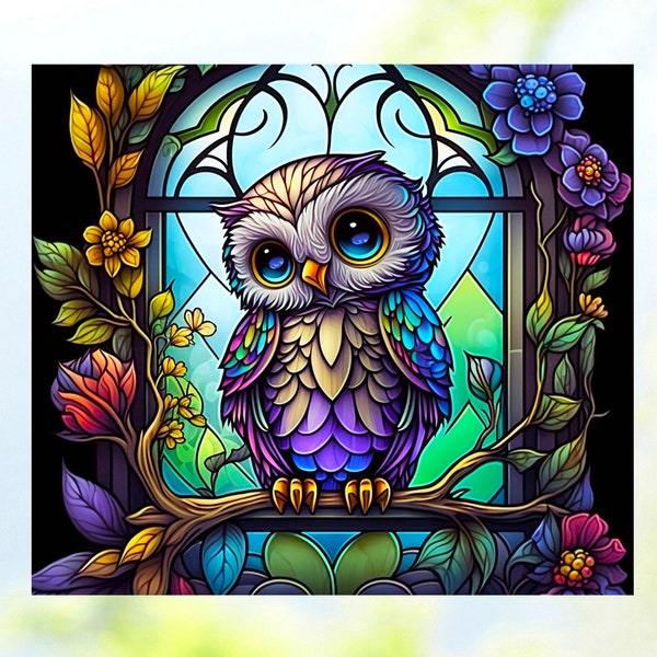 Cute Owl WINDOW CLING ~ Faux Stained Glass ~ Suncatcher Size 9.1"  Thick Glassy Deluxe Vinyl