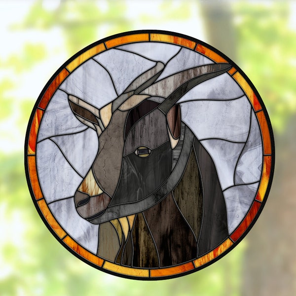 Goat ~ Faux Stained Glass WINDOW CLING ~ Suncatcher Size 8" Round ~  Thick Glassy Deluxe Vinyl