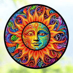 Colorful Sun Faux Stained-Glass Deluxe WINDOW CLING ~ Sun-catcher Size 8&quot; Round ~ Repositionable Vinyl