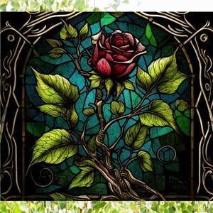 Red Rose Faux Stained Glass Window Cling: Repositionable Vinyl Sun-catcher (9.1&quot; Rectangle)