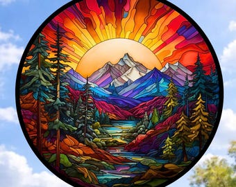 Sunset Mountains & Trees Faux Stained-Glass WINDOW CLING