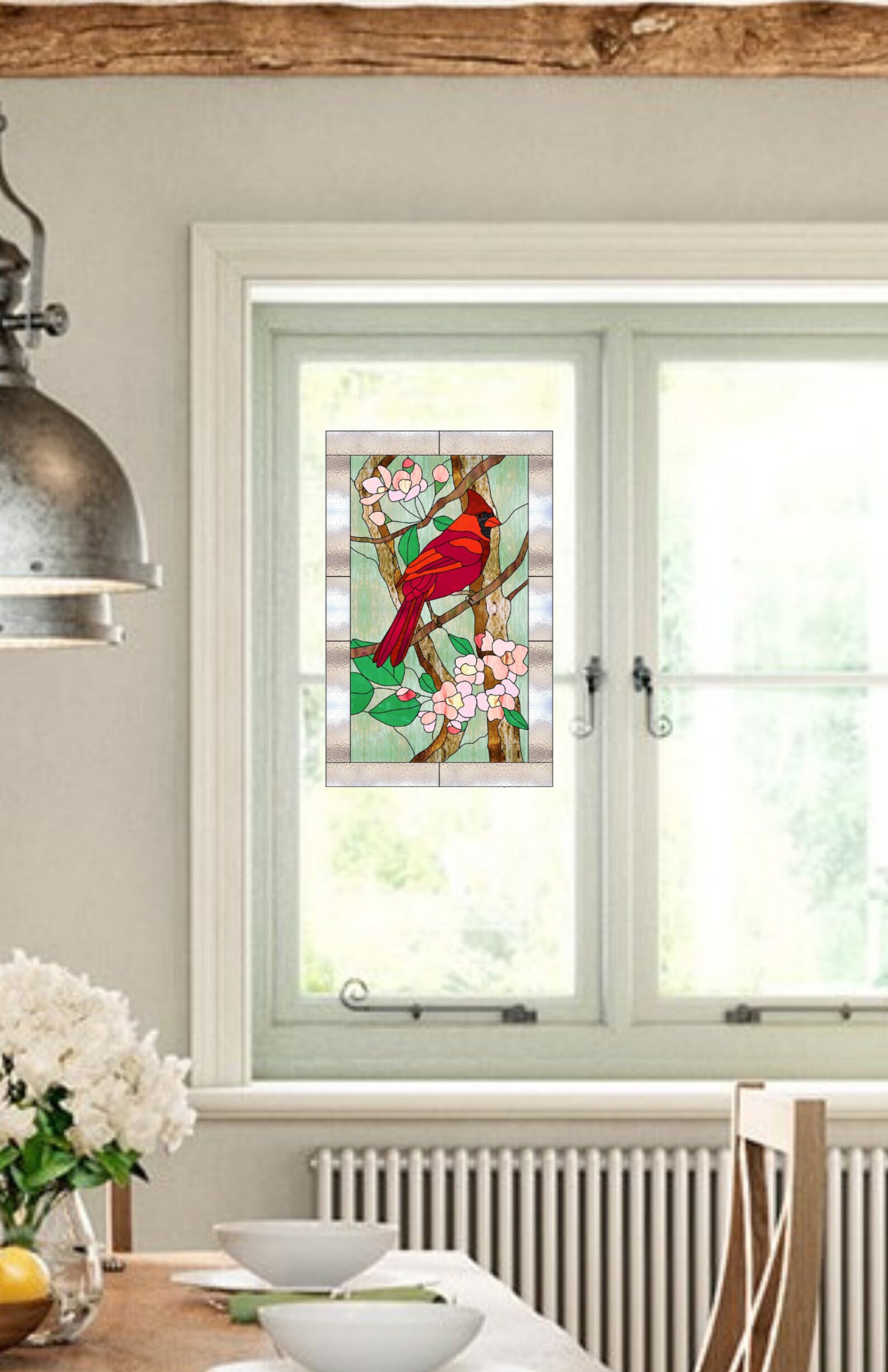Cardinal WINDOW CLING Faux Stained Glass Red Bird in Tree | Etsy