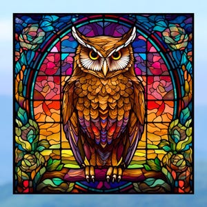 Horned Owl Faux Stained-Glass WINDOW CLING Deluxe Vinyl Suncatcher