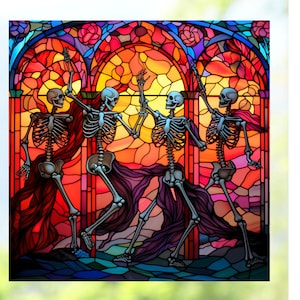 Faux Stained Glass Skeleton Party WINDOW CLING ~ Suncatcher ~ Dancing Skeletons ~ Size 8" Two Designs ~  Thick Glassy Deluxe Vinyl