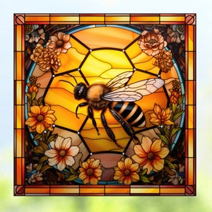 Bee WINDOW CLING ~ Suncatcher ~ Faux Stained Glass ~ Size 8" Four Designs ~  Thick Glassy Deluxe Vinyl