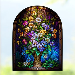 Primrose February Birth Month Flowers WINDOW CLING Faux Stained Glass Suncatcher Size 10.4 Thick Glassy Deluxe Vinyl image 1