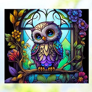 Cute Owl Faux Stained Glass Deluxe WINDOW CLING ~ Sun-catcher Size 9.1&quot; Repositionable Vinyl