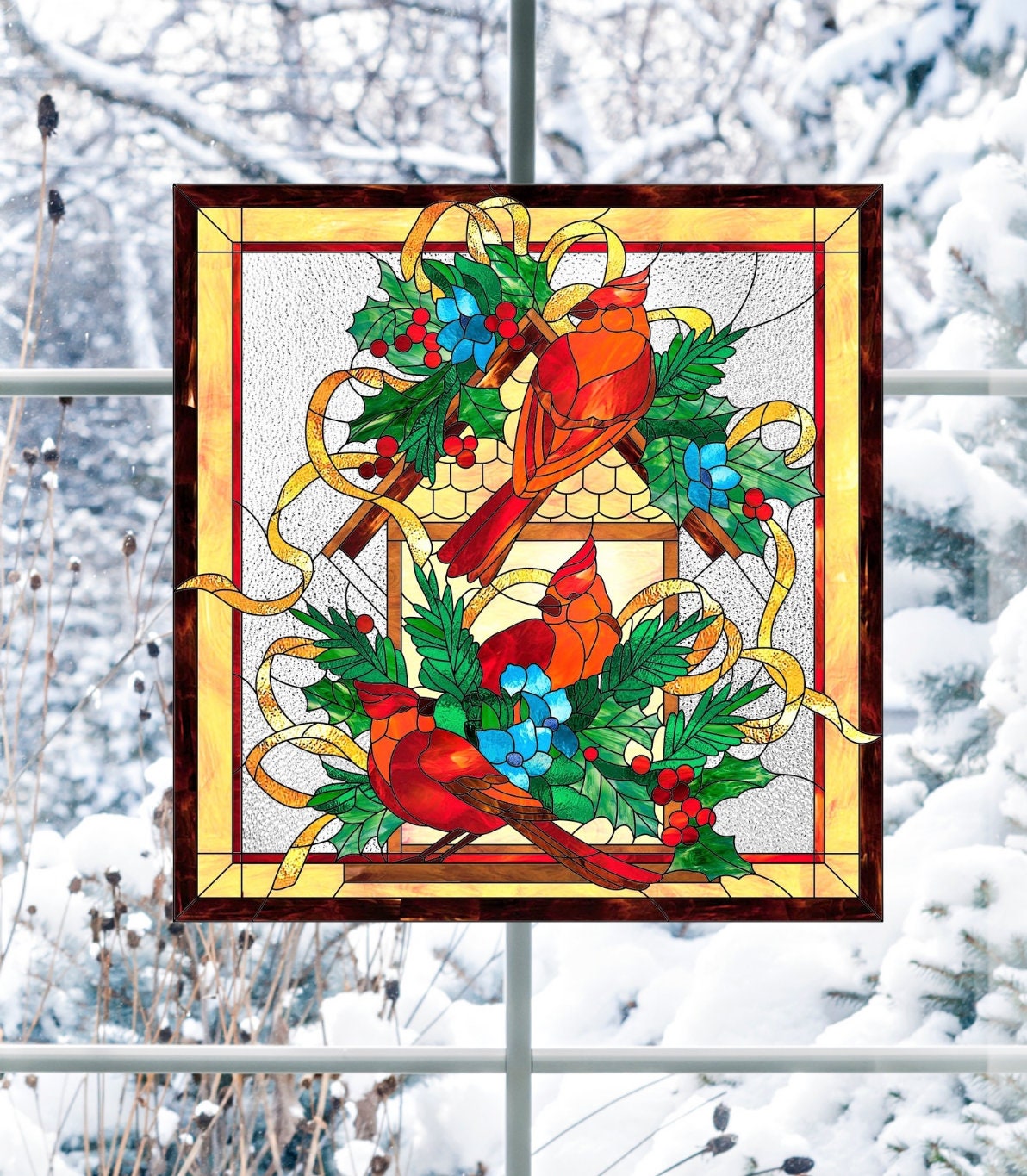 Adhésif pour vitres en faux vitrail cardinaux de Noël attrape-soleil houx  lanterne vinyle repositionnable 8 po. -  Canada