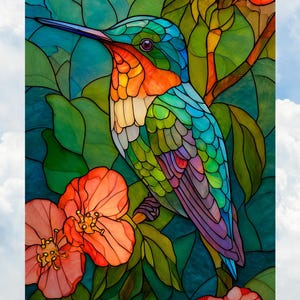 Hummingbird Faux Stained Glass  WINDOW CLING ~ Sun-catcher Size 10.6&quot; Repositionable Vinyl