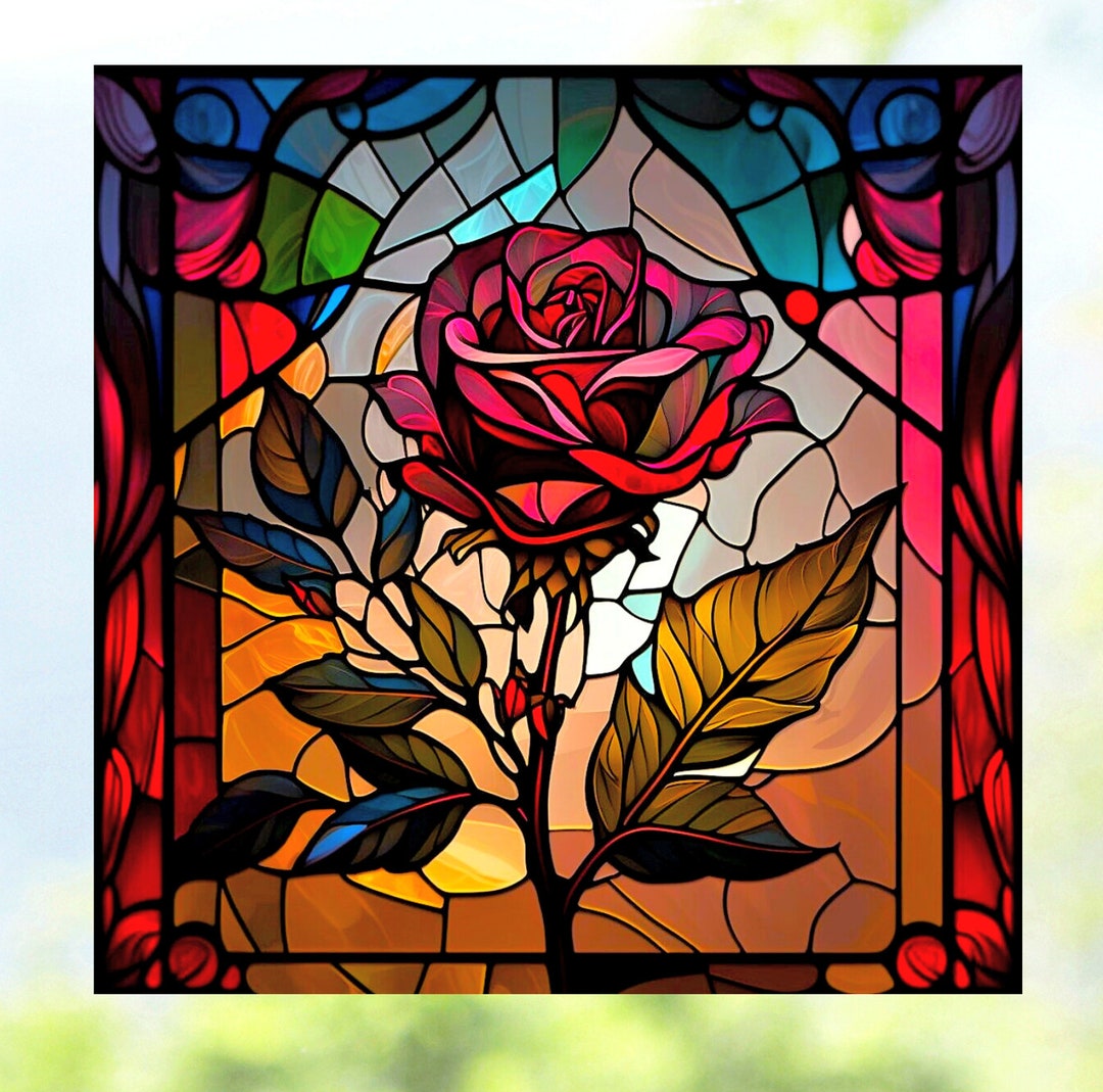 Rose Faux Stained Glass WINDOW CLING Long Stem Red Burgandy - Etsy