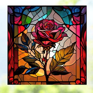 Rose Faux Stained Glass WINDOW CLING ~ Long Stem Red Burgandy Rose ~ Flower ~ Size 8" Square  Thick Glassy Deluxe Vinyl