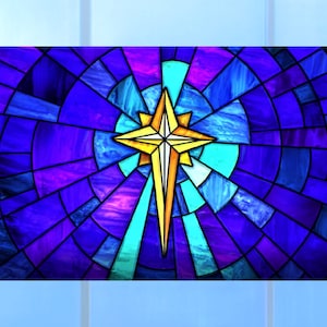 Christmas Star Window Cling ~ Faux Stained-Glass Star of Bethlehem ~ CROSS ~ Holy Night ~ Size 10.6&quot; Repositionable Vinyl