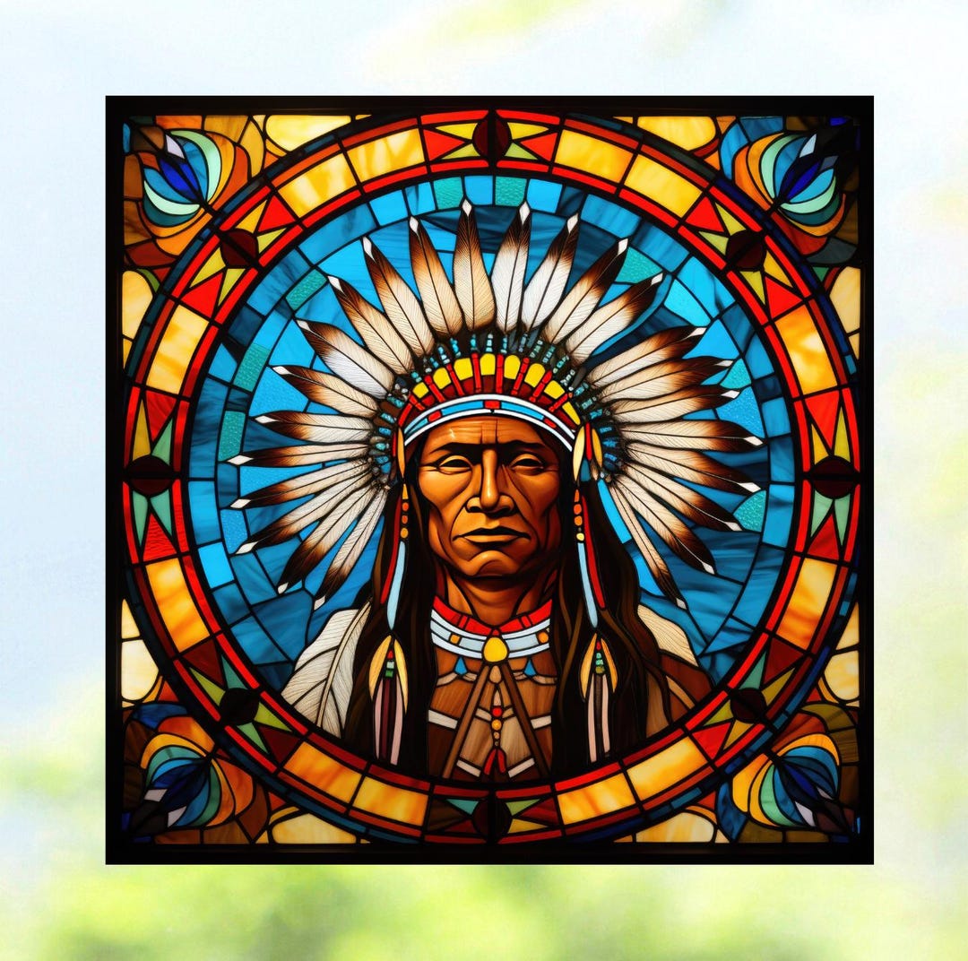Native American Indians Faux Stained Glass WINDOW CLING Glossy ...