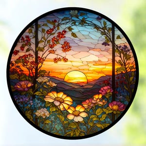 Sunset & Flowers Faux Stained Glass Deluxe WINDOW CLING ~  Sun-catcher Size 8&quot; Repositionable Vinyl