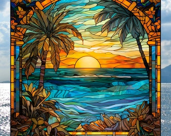 Ocean and Palm Trees WINDOW CLING ~ Faux Stained Glass ~ Sunset ~ Suncatcher Size 8"  Thick Glassy Deluxe Vinyl