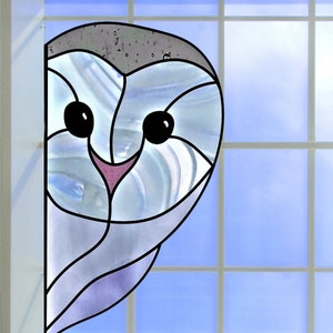 Peeking Snowy Owl WINDOW CLING ~ Faux Stained Glass ~ Suncatcher Size 10.6"  Thick Glassy Deluxe Vinyl