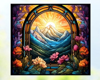 Sunset WINDOW CLING ~ Faux Stained Glass ~ Suncatcher ~ Mountains ~ Flowers ~ Size 9.1"  Thick Glassy Deluxe Vinyl