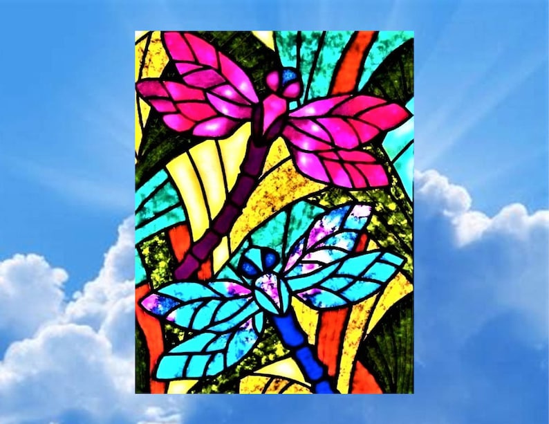 Faux Stained Glass Dragonfly 3D Window Cling ~ Sparkling Suncatcher 7.8x10.2 Vinyl Window Decal ~ Dragonflies Art Print ~ Window Decoration