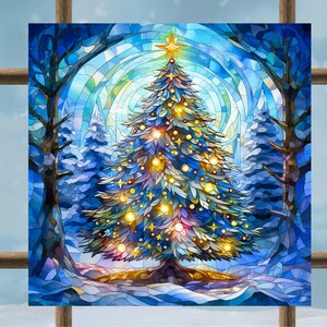 May include: A stained glass style artwork depicting a decorated Christmas tree in a snowy forest. The tree features glowing yellow lights and a star topper, set against a backdrop of blue and white glass segments forming trees and a winter sky.