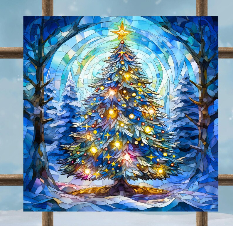 May include: A stained glass style artwork depicting a decorated Christmas tree in a snowy forest. The tree features glowing yellow lights and a star topper, set against a backdrop of blue and white glass segments forming trees and a winter sky.