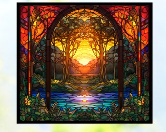 Sunset WINDOW CLING ~ Faux Stained Glass ~ Colorful Suncatcher ~ Trees ~ Size 9" Rectangle or 8" Round ~  Thick Glassy Deluxe Vinyl