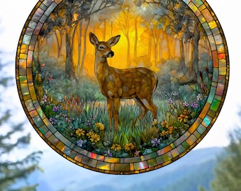 Adhesivo para ventana con diseño de ciervo imitación vidriera, brillante, translúcido, de doble cara.