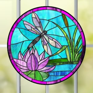 Dragonfly Lotus WINDOW CLING ~ Faux Stained Glass ~ Round ~ Suncatcher Size 8"  Thick Glassy Deluxe Vinyl