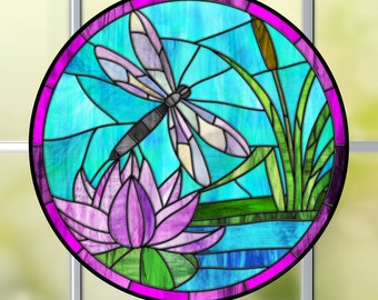 Dragonfly Lotus WINDOW CLING ~ Faux Stained Glass ~ Round ~ Suncatcher Size 8"  Thick Glassy Deluxe Vinyl