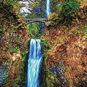 Faux Stained Glass Waterfall ~ Multnomah Falls WINDOW CLING ~ Bridge ~ Suncatcher Size 10.6"  Thick Glassy Deluxe Vinyl