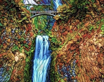 Faux Stained Glass Waterfall ~ Multnomah Falls WINDOW CLING ~ Bridge ~ Suncatcher Size 10.6"  Thick Glassy Deluxe Vinyl