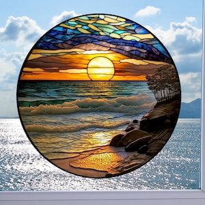 Ocean Beach WINDOW CLING ~ Faux Stained Glass ~ Sunset ~ Suncatcher Size 8" Round ~  Thick Glassy Deluxe Vinyl