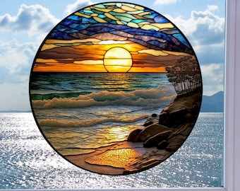Ocean Beach WINDOW CLING ~ Faux Stained Glass ~ Sunset ~ Suncatcher Size 8" Round ~  Thick Glassy Deluxe Vinyl