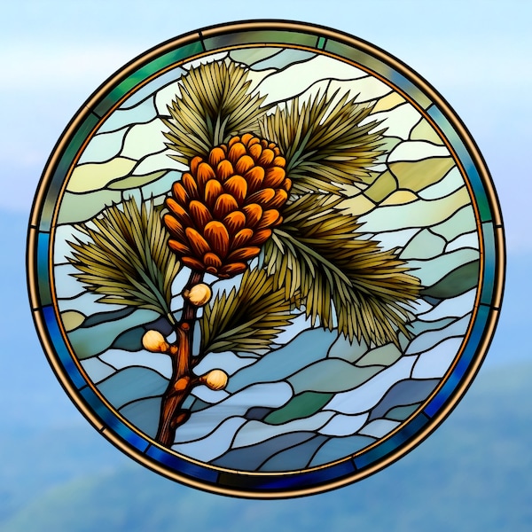 Faux Stained Glass Pine Branch WINDOW CLING ~ Pinecone ~ Winter Suncatcher Size 8" Round ~  Thick Glassy Deluxe Vinyl