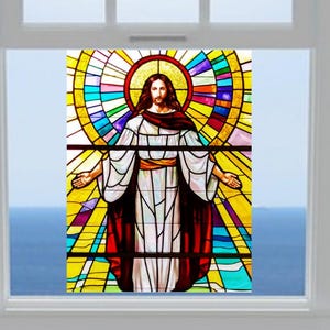 Jesus  Window Cling ~ Faux Stained Glass ~ Sun-catcher Size 10.6&quot; Repositionable Vinyl