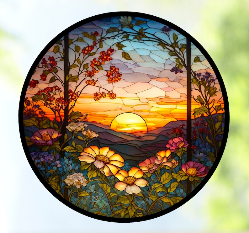 Sunset & Flowers Faux Stained Glass WINDOW CLING Suncatcher Size 8 Round Thick Glassy Deluxe Vinyl image 8