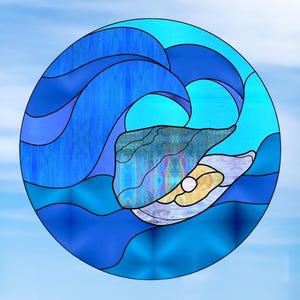 Ocean Wave Deluxe WINDOW CLING ~ Faux Stained Glass ~ Size 8&quot; Round ~ Repositionable Vinyl