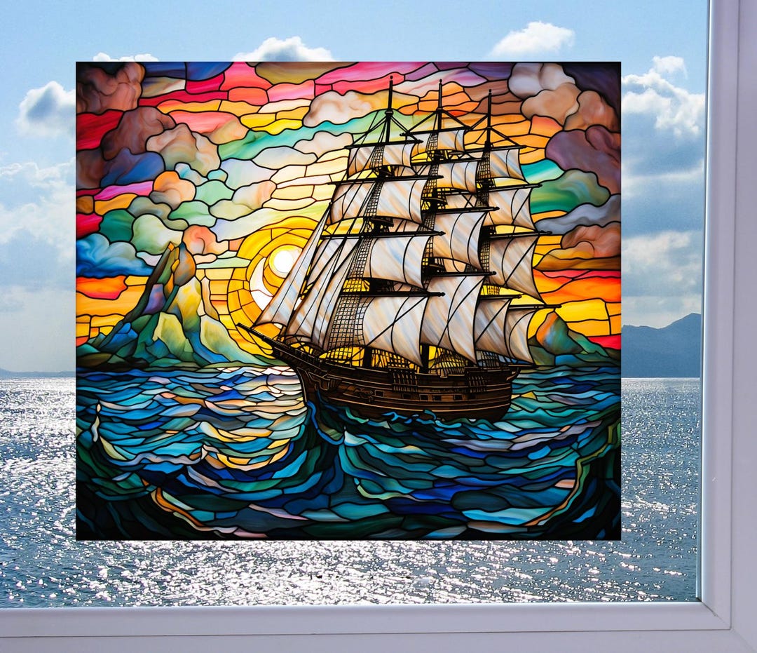 ステンドグラスパネル　帆船　ヨット　ヴィンテージ 額装　現状品 it-5771015b94484-1200.jpg