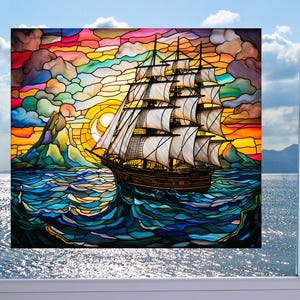 Ship at Sunset Faux Stained Glass Deluxe WINDOW CLING ~ Sun-catcher Size 9.1&quot; Repositionable Vinyl