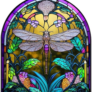 Faux Stained Glass Dragonfly WINDOW CLING ~ Suncatcher ~ Arch ~ Size 9"  Thick Glassy Deluxe Vinyl