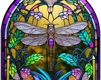 Faux Stained Glass Dragonfly WINDOW CLING ~ Suncatcher ~ Arch ~ Size 9"  Thick Glassy Deluxe Vinyl