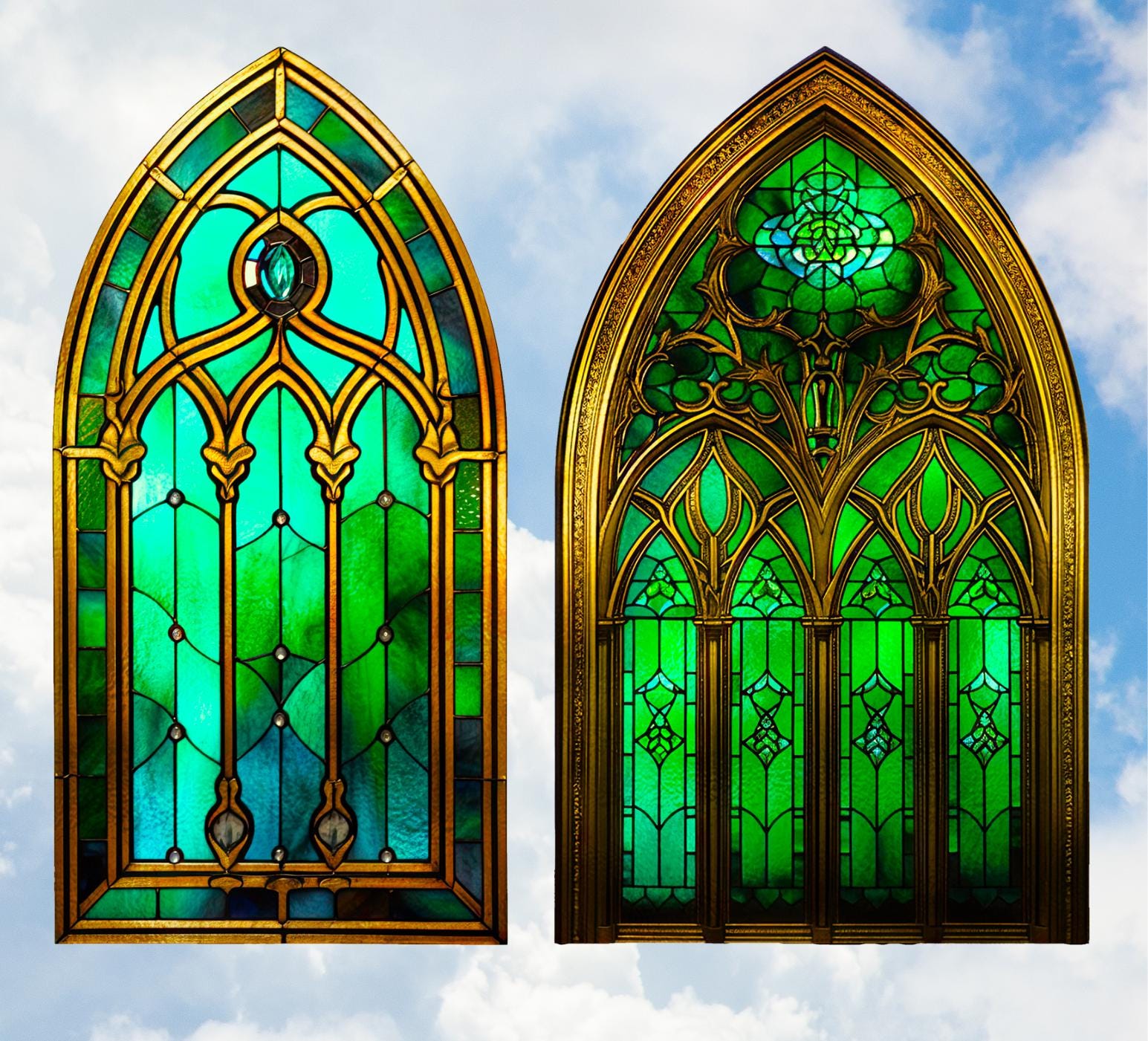 Aitmoph Window 2 本体（フォレストグリーン） Emerald Green Arch Faux Stained Glass WINDOW CLING , 2 Designs - Etsy