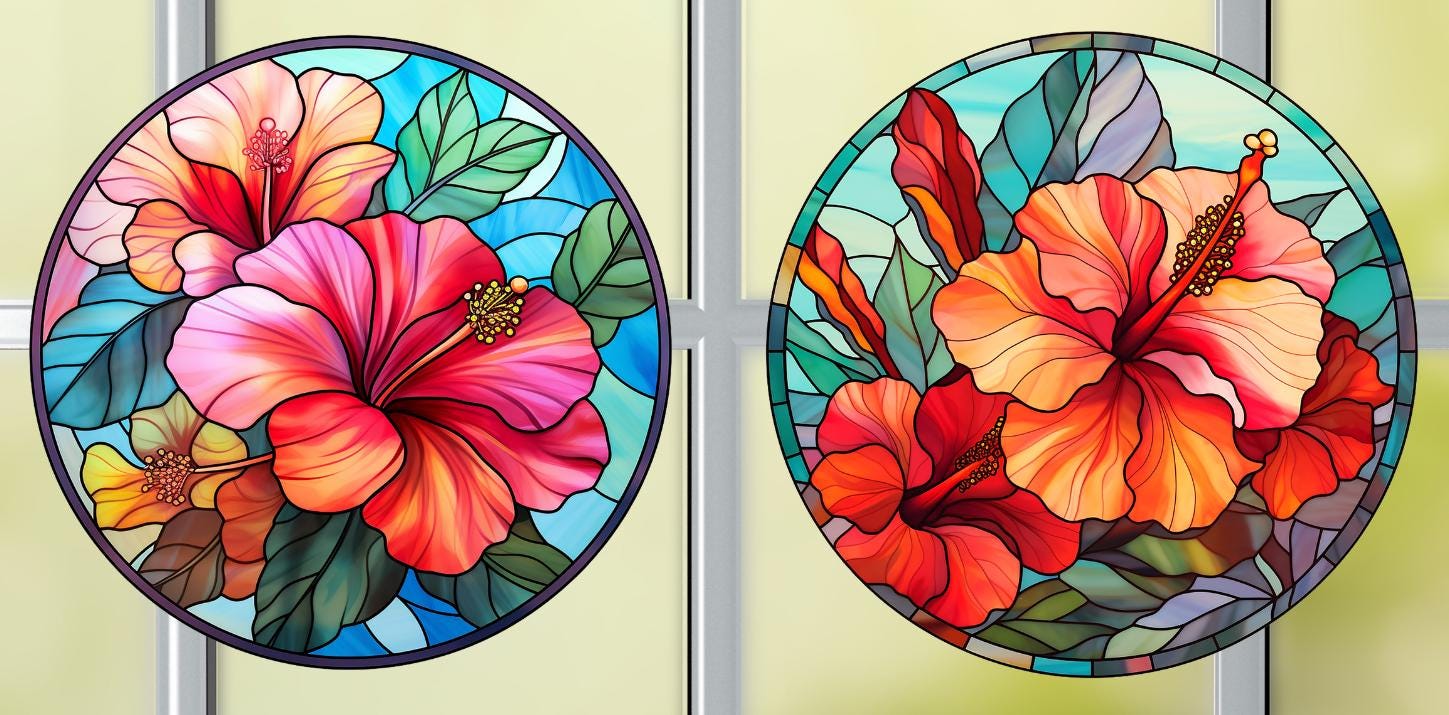 ハイビスカス フェイクステンドグラス ウィンドウクリング 光沢あり 半