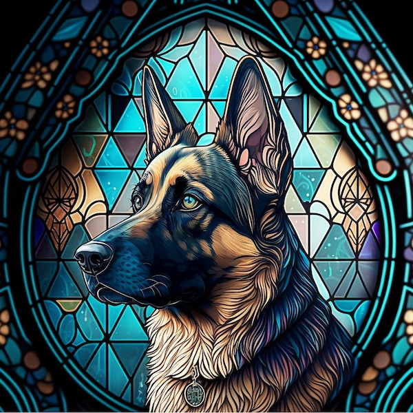 German Shepherd WINDOW CLING ~ Faux Stained Glass ~ Dog ~ Suncatcher Size 9.1"  Thick Glassy Deluxe Vinyl