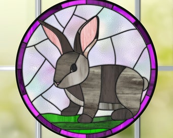 Bunny Rabbit WINDOW CLING ~ Faux Stained Glass ~ Round ~ Suncatcher Size 8"  Thick Glassy Deluxe Vinyl